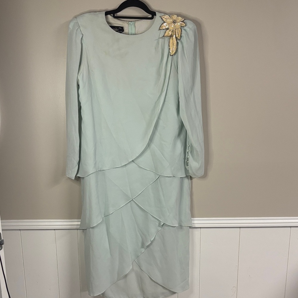 Ursula of Switzerland Vintage Layered Mint Dress with Gold Floral Detail